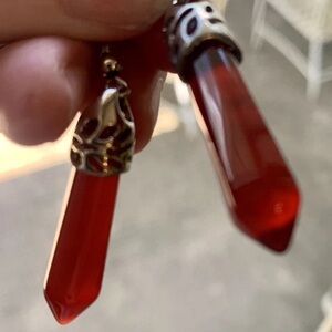 Clear Red Crystal Drop Dangle Earrings Pierced Silver Tone Boho Healing 1.5 in